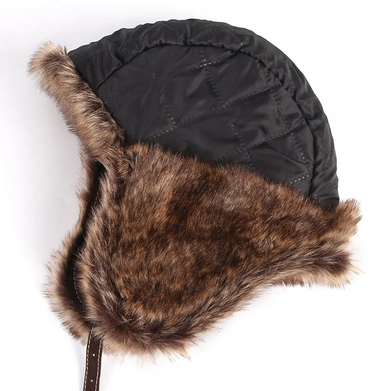 High Quality Russian Leather Bomber Hat 2021 Winter Ushanka Hat Men Women Pilot Trapper Hat Faux Fur Earflap Snow Cap Ear Flaps leather bomber hats