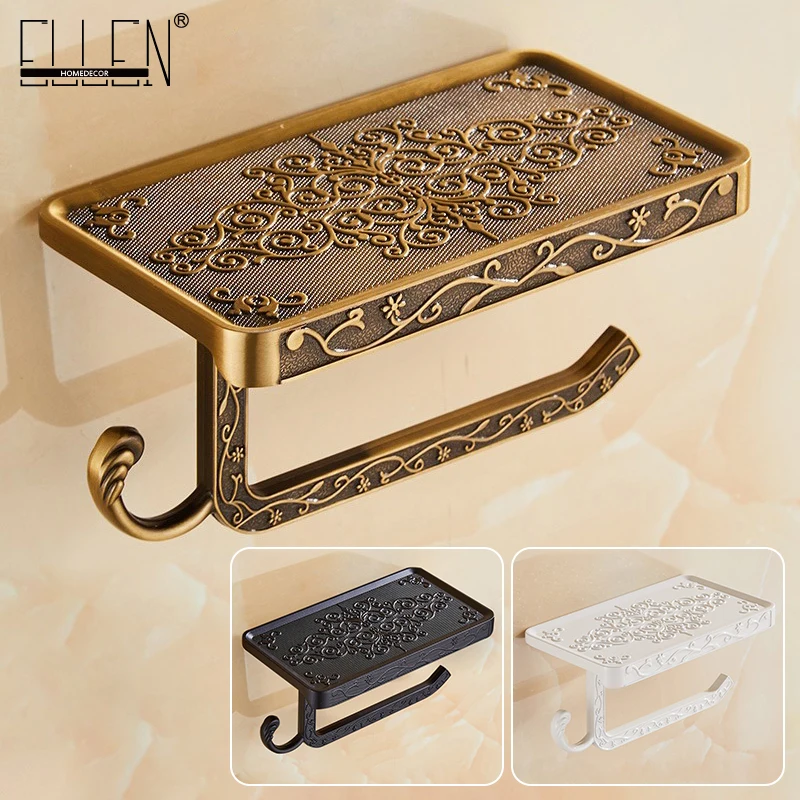 

Bathroom Shelves Antique Bronze Carving Toilet Roll Paper Rack with Phone Shelf Wall Mounted Bathroom Paper Holder E654