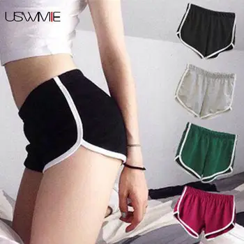 

Free Shipping High Waist Shorts Summer Leisure Solid Color Fashion Beach Elastic Waist Comfort Solid Color Sexy Sports Women