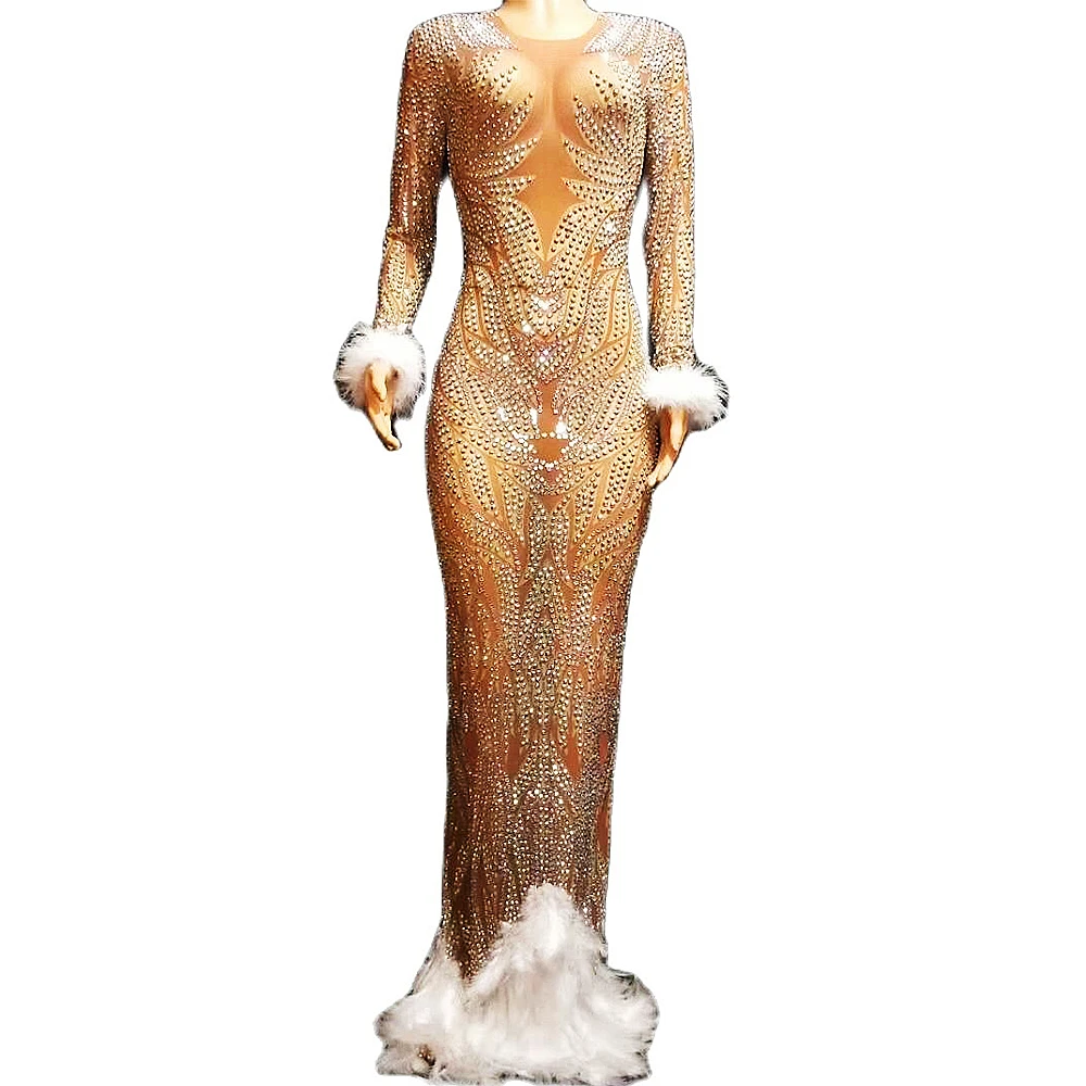 

Rhinestones Pattern Printing Feather Dresses Mesh Gauze Floor-Length Split Fork Dress Nightclub Dance Show Wear Party Costume