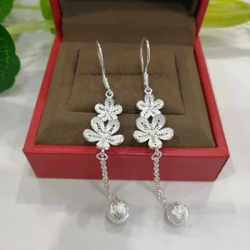 

Real Sterling S925 Silver Earrings Women Luck Flower Dangle Earrings 70x13mm