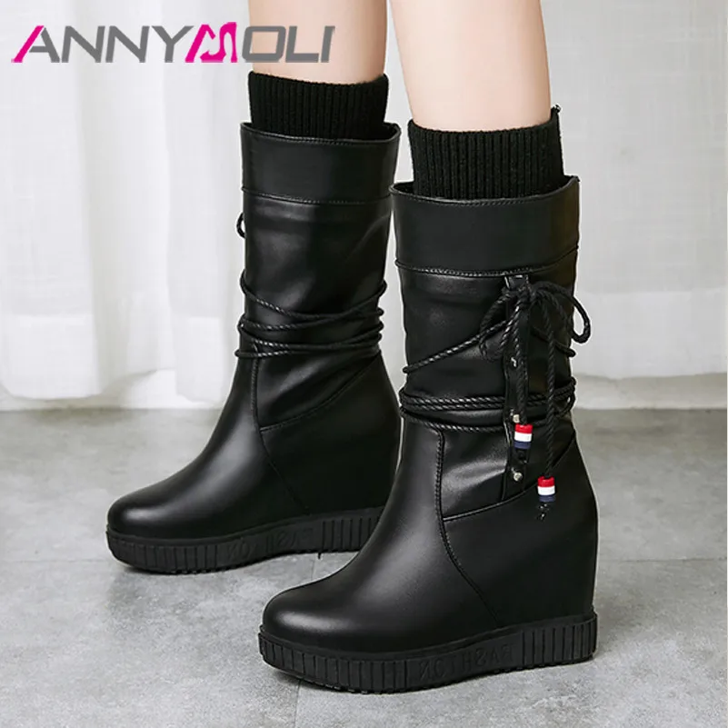 

ANNYMOLI Winter Mid Calf Boots Women Slip on Height Increasing High Heel Boots Bow Round Toe Shoes Ladies Autumn Big Size 33-43