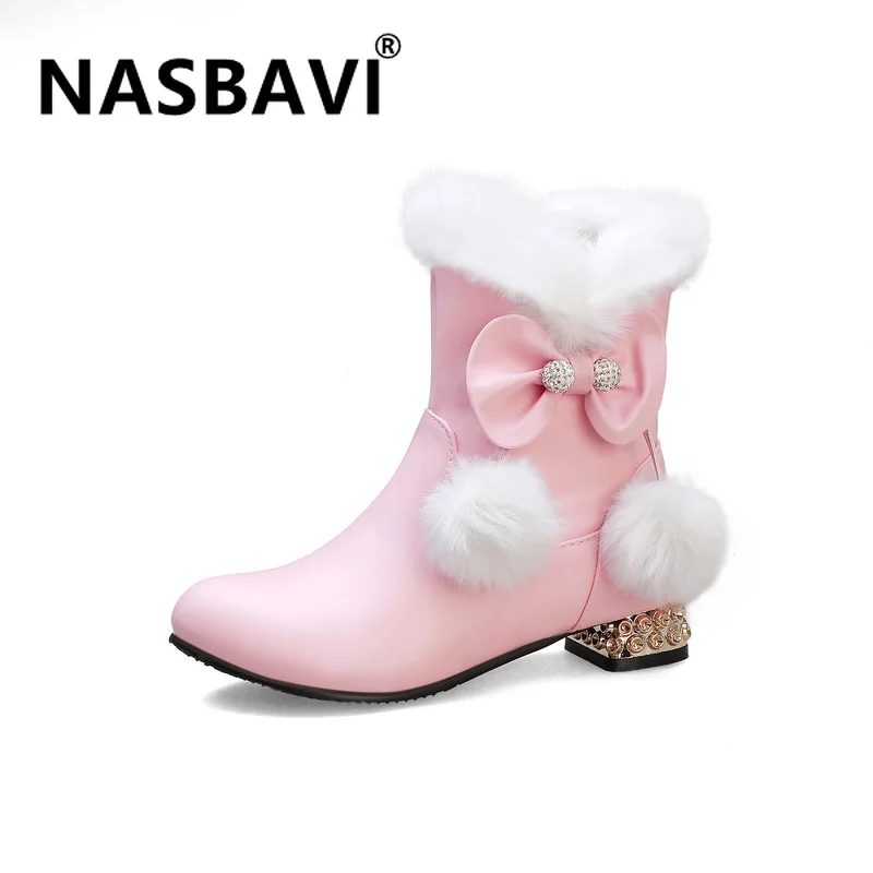 

New Popular Women Snow Boots Ladies low Heels Winter Boots Women 2019 White Warm Rabbit hair butterfly-knot Shoes Women