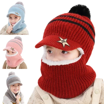 

Baby Winter 2 In 1 Knitted Striped Star Beanie Hats Boys Girls Scarf Warm Ski Caps With Ball Design Pom Windproof Mask Kids s