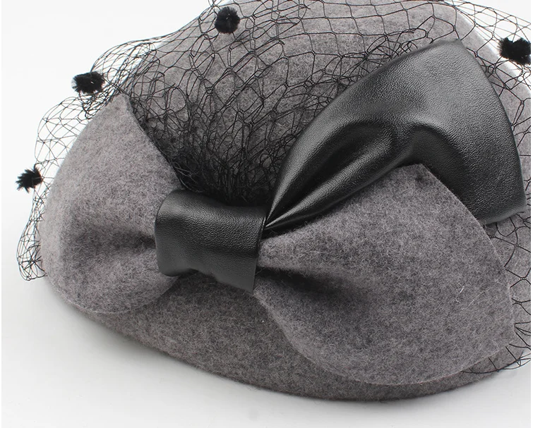 01910-2019090007 pu bowknot wool warm flower lace lady beret cap women leisure Pumpkin hat