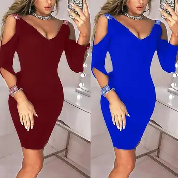 

Party Lady Sexy Hot Drilling Cold Shoulder Long Sleeve V Neck Bodycon Mini Dress