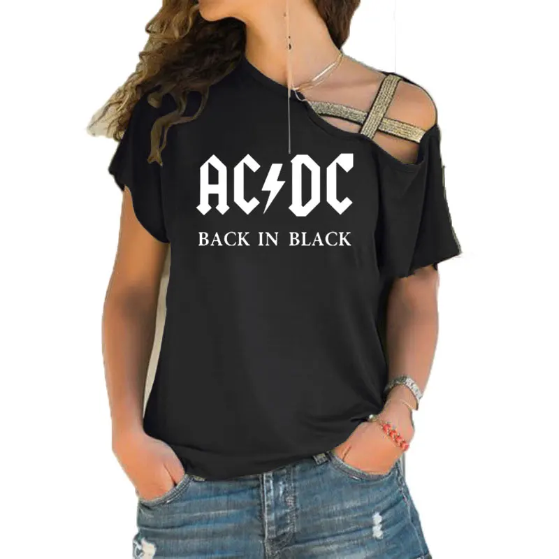 1 Группа ACDC футболка в стиле рок женские ACDC с буквенным принтом футболки хип хоп Рэп музыка асимметричное, с короткими рукавами Skew Крест повязки топы тройник - Цвет: 1