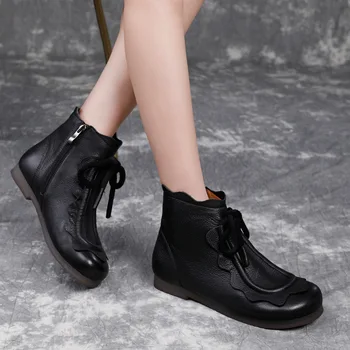 

YourSeason Women Genuine Leather Platform Shoes New 2021 Round Toe Flat With Sewing Zip Ladies Concise Vintage Ankle Boots