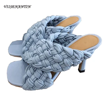 

Latest Autumn Hand-woven double Sheepskin Sandals Outside High Heel Square Toe Cross Open Toe Summer Slippers Women Party Shoes