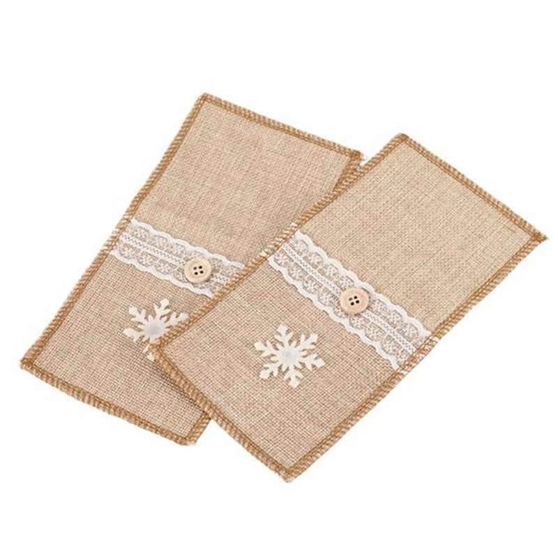 Top-20Pcs джутовая Мешковина, кружевной мешочек для столовых приборов, свадебная вилка и нож, сумка для хранения, вечерние столовые приборы, украшения, Рождественский стол