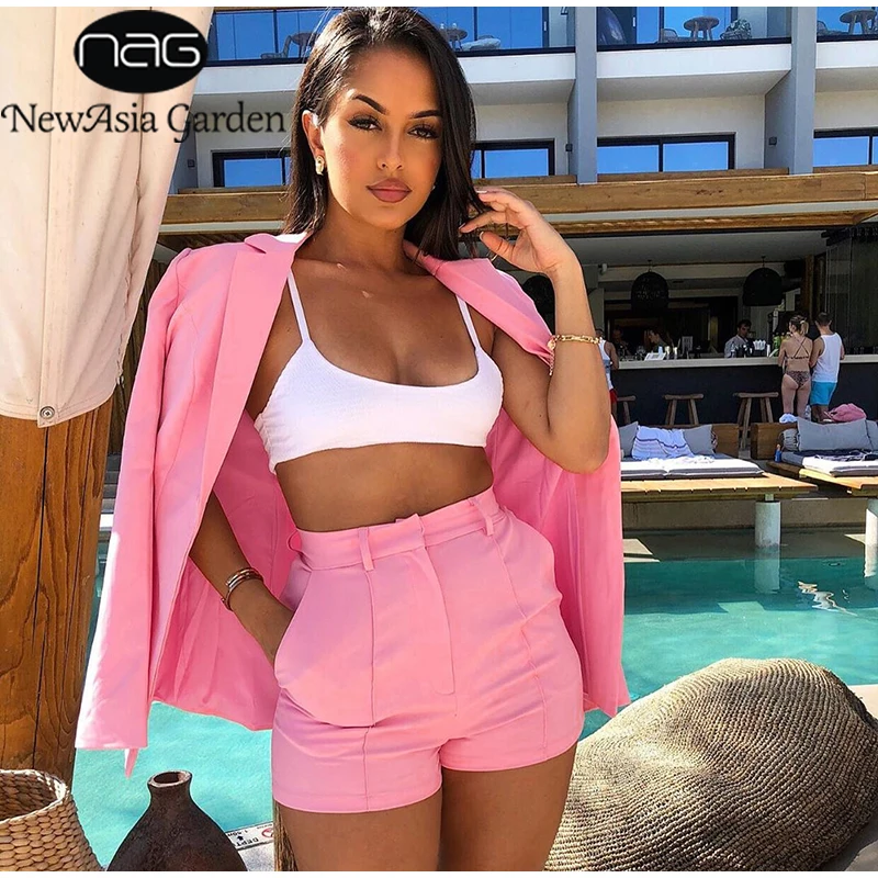

NewAsia Blazer And Shorts Two Piece Sets 2019 Autumn 2 Piece Set Women Elegant Office Ladies Outfits Belt Casual Matching Sets