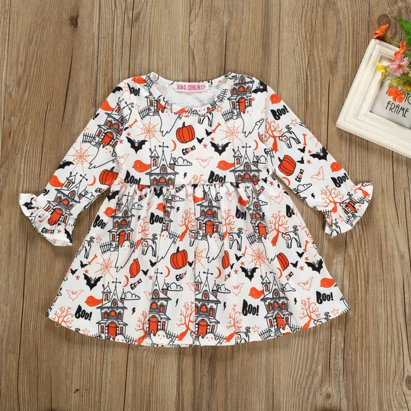 

2-6YHalloween Clothes US Toddler Baby Girl Dress Pumpkin Print Long Sleeve Princess Party Pageant Dress Clothes