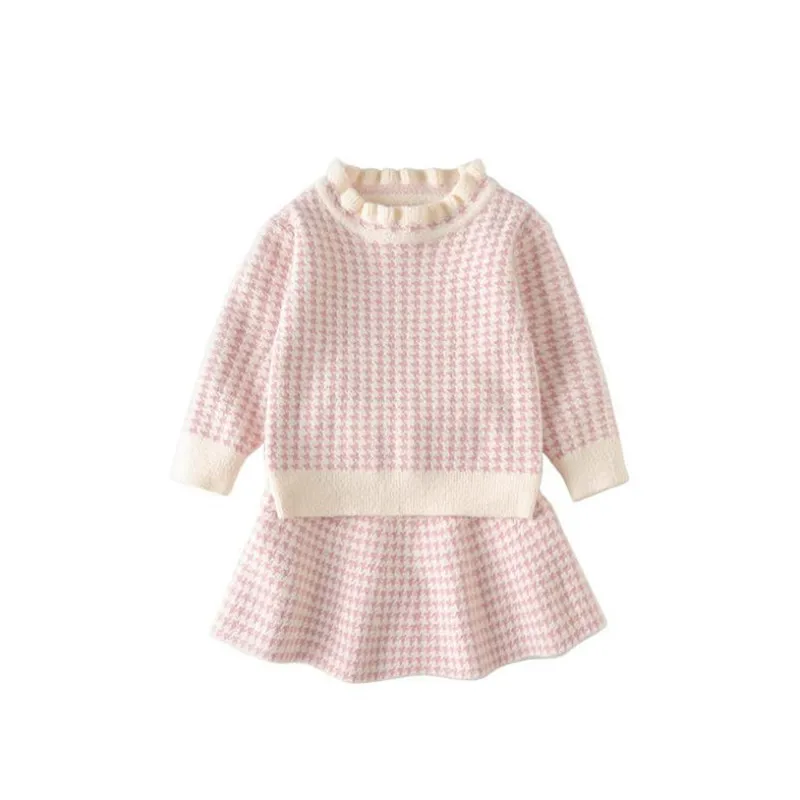 

2019 High Quality Children Clothes Girls Fall Set Houndstooth Long Sleeve Sweater+Knitted Skirts 2pc Korean Kids Suit 1-5Yrs