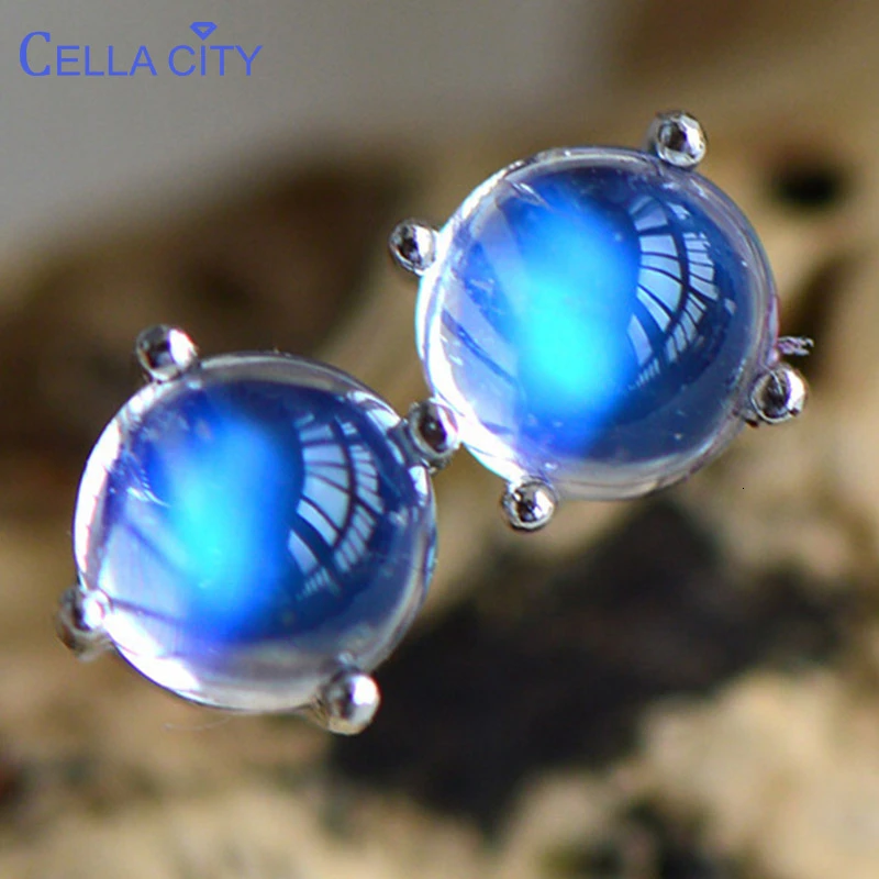 Целлюлозность круглый синий лунный камень запонка с опалом серьги для женщин 925 стерлингового серебра ювелирные изделия стильные серьги оптом подарок