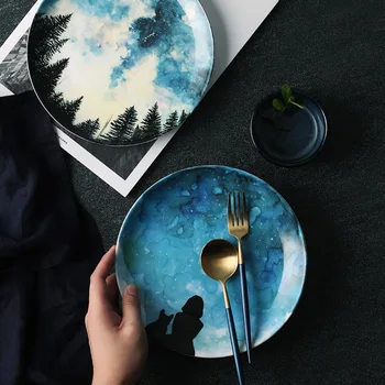 

Starry sky 8 inch bone china plate western steak plate hand-painted breakfast dish plate creative nordic style LB031102