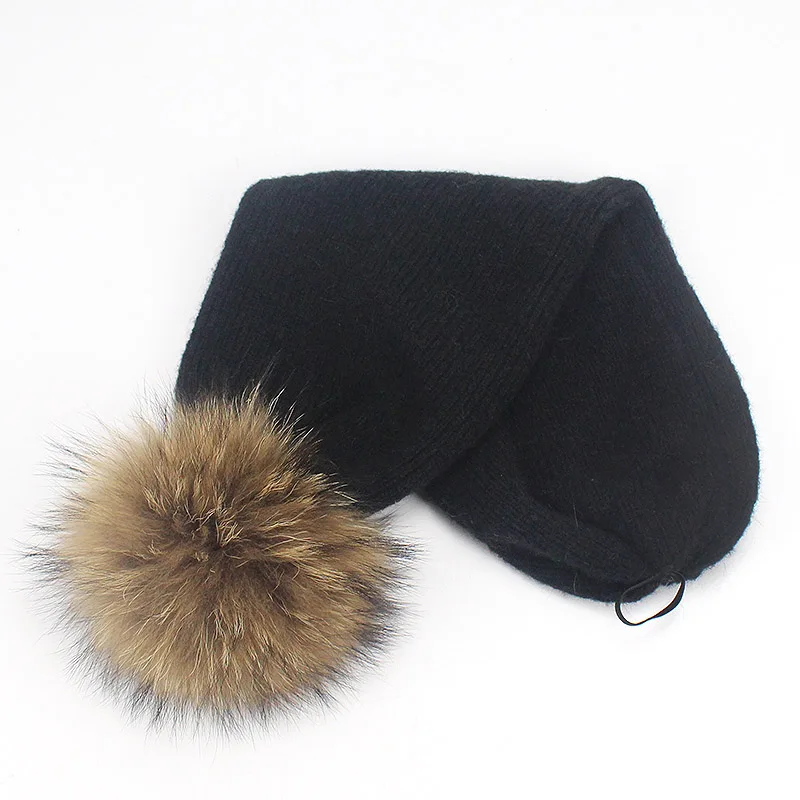 D Зимний шейный шарф Skullies Beanies, шапка двойного назначения с натуральным меховым помпоном для женщин, вязаный толстый теплый Модный повседневный шарф Beanies - Цвет: D