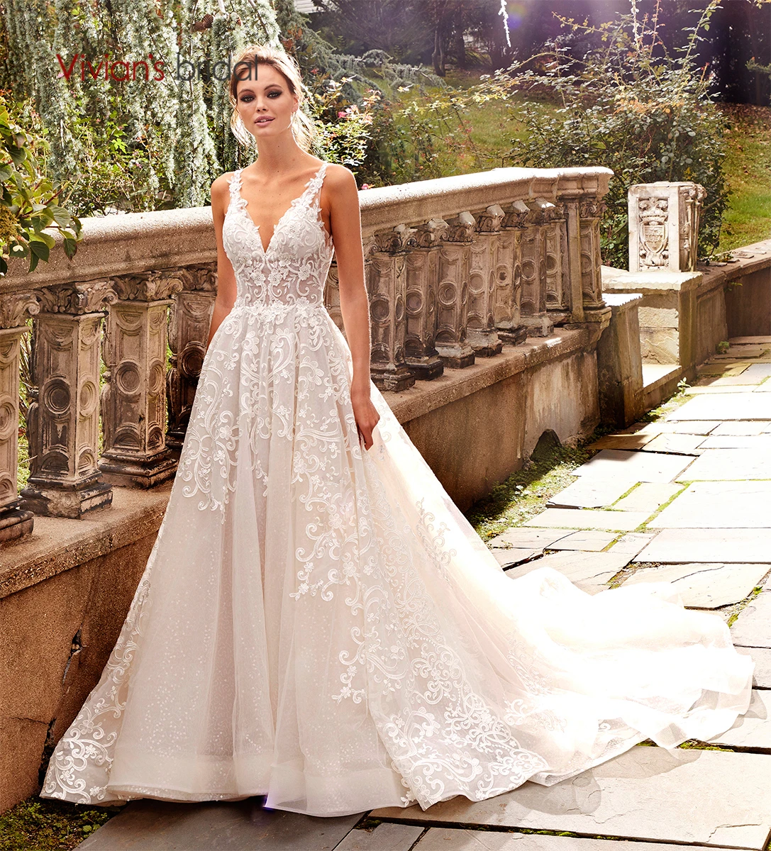Vivian's Bridal, современное кружевное свадебное платье с аппликацией, новинка, иллюзия, короткий топ, с блестками, с пятнами, внутри, со шлейфом, свадебное платье