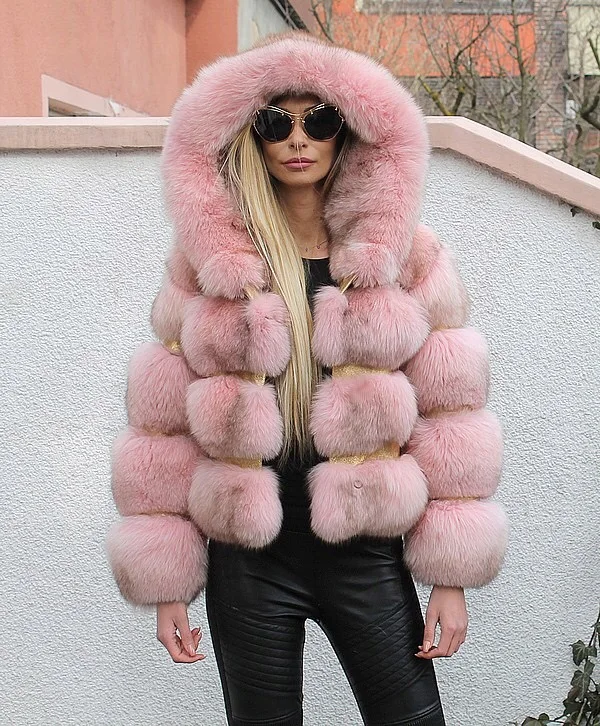 pink New Women Real Fox Fur Hooded Winter Coats And Jackets Women's Natural Stripe Genuine Fur Outerwear - Цвет: pink