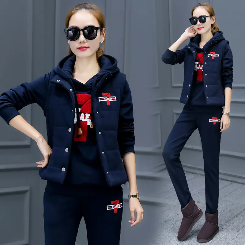 

Winter Thick Fleece Women Sport Suit Tracksuits Warm Hoodie Sweatshirt+jacket+pant Casual Jogger Running Outfits Set Sportswear