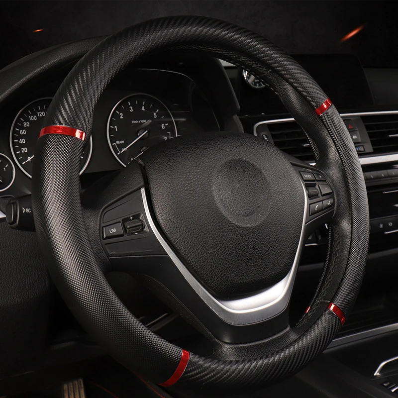 Black Red Крышка рулевого колеса автомобиля для 37-38 см 14,"-15" Руль кожаный противоскользящее внутреннее кольцо M Размер оплетка на рулевое колесо - Color Name: Black Red