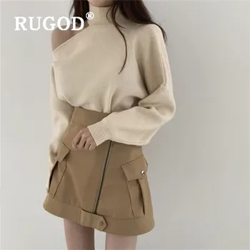 

RUGOD Turtleneck Solid Color Sweater Off-shoulder Pullover Jumper Winter Tops For Women Elegant Knitwear Korean Style