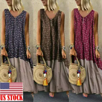 

Retro Long Dress Women Sleeveless Boho Cotton Linen Loose Maxi Dress Kaftan Floral Summer Beach Holiday Dresses Vestido 3XL 2019