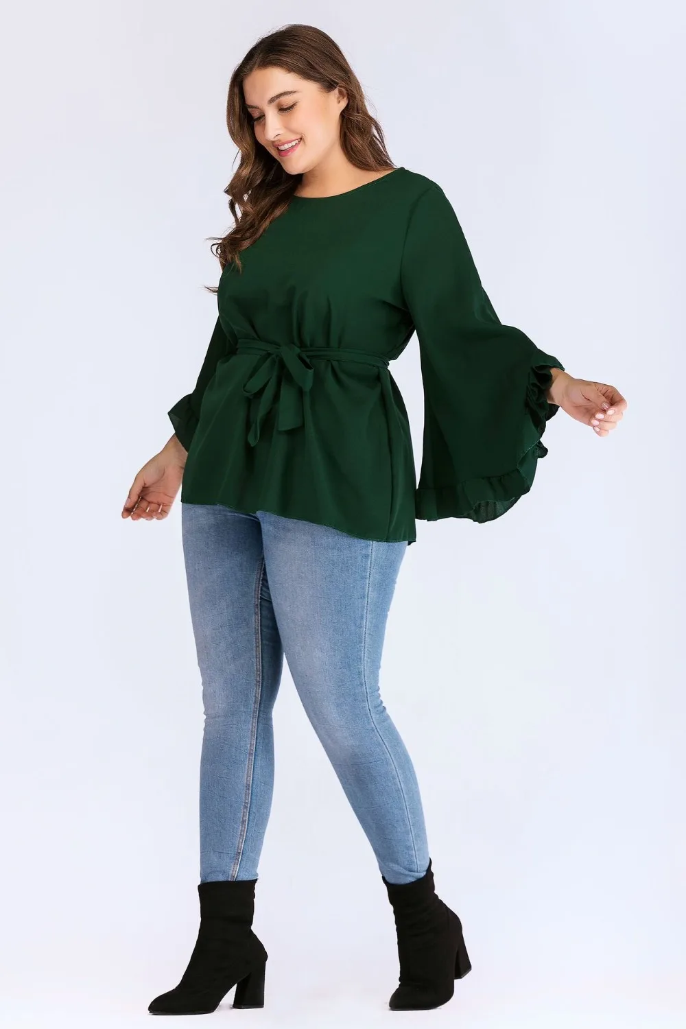 new autumn winter plus size tops for women long sleeve large cotton O neck casual loose T shirt belt green 4XL 5XL 6XL 7XL