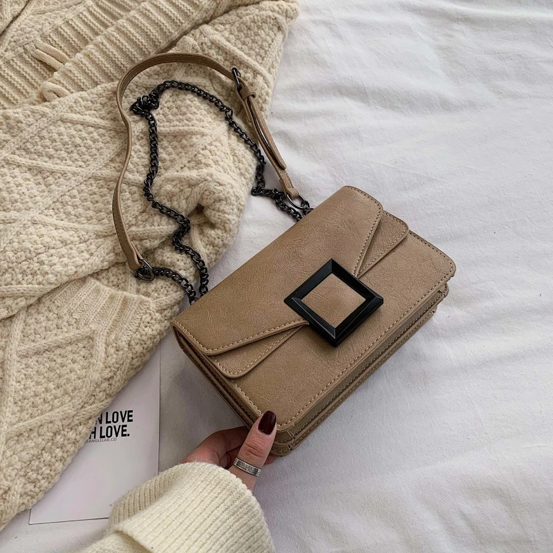 Khaki Однотонные сумки через плечо из искусственной кожи для женщин, сумка через плечо на цепочке, маленькие дорожные сумки и сумочки - Цвет: Khaki