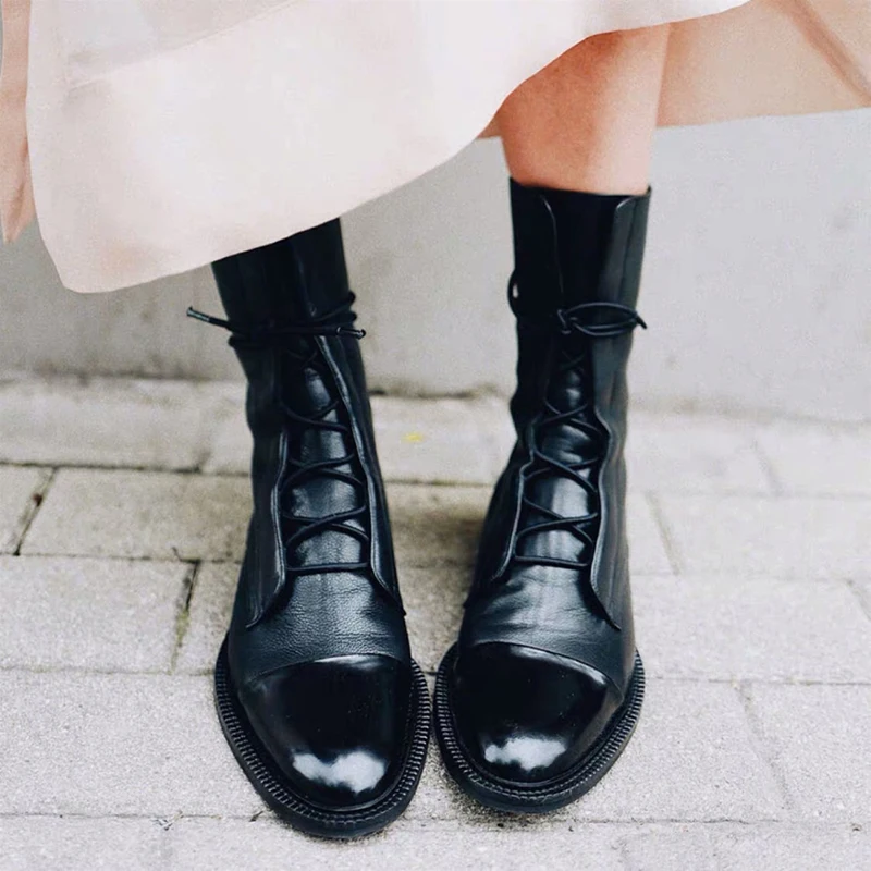 Lace-up black motorcycle bottes femme flats pointed toe martin boots mid-calf cool girls botas mujer slim fashion knight booties