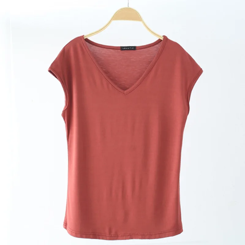 Solid V Neck Basic Tshirt Women summer modal Loose Tee Tops Casual undershirt M to 2XL235_voghion.com