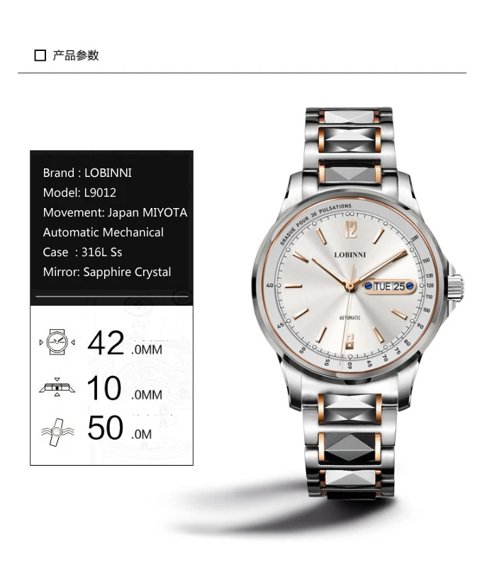 Люксовый бренд LOBINNI Switzerland часы для мужчин Япония MIYOTA автоматические механические мужские часы Сапфир Водонепроницаемый relogio L9012-4