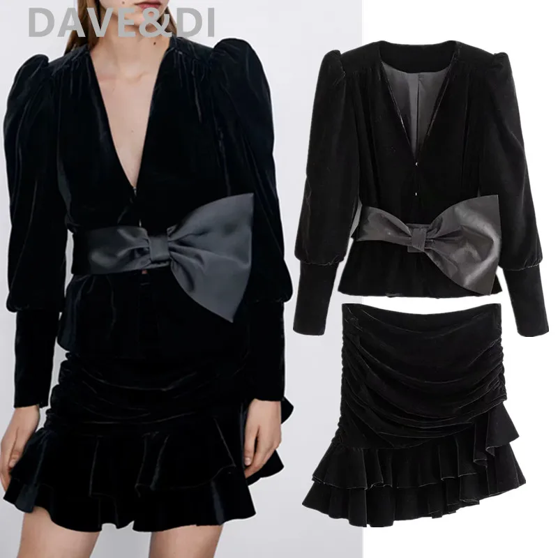 

Dave&Di england vintage velvet party blazer feminino blazer jacket high waist cascading sexy mini skirt women faldas2 pieces set
