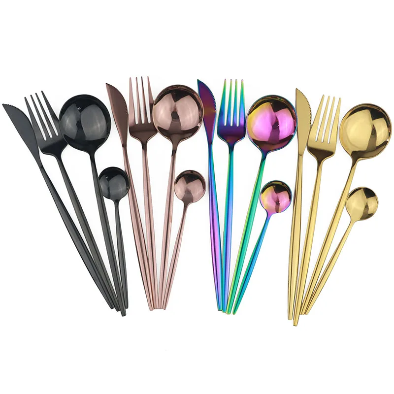 

Rainbow 304 Stainless Steel Mirror Tableware Knife Fork Spoon Flatware Dinner Set Rainbow Rose Western Style Dinnerware Cutlery