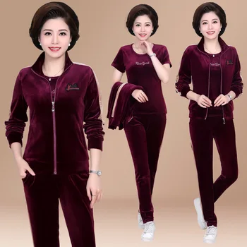 

Middle Aged and Elderly People Spring and Autumn Women's Gold Velvet Three-piece Set Mom Spring Clothing Western Style Coat Leis