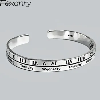 

Foxanry 925 Sterling Silver Charms Cuff Bracelets for Women Couples Vintage Terndy Roman Numerals Birthday Party Jewelry Gifts