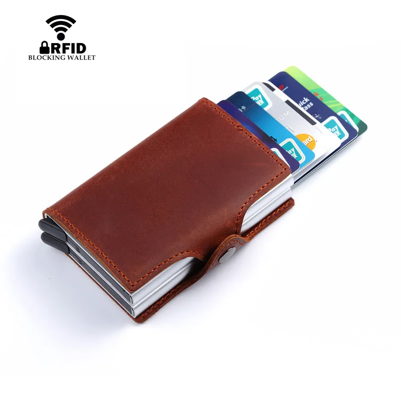 

BISI GORO Wallet Genuine Leather Credit Card Holder RFID Wallet Aluminum Unisex Crazy Horse Leather 2 Metal Credit Card Holder