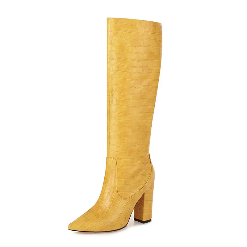 Womens Boots Yellow Leather Knee High Boots Black Yellow White