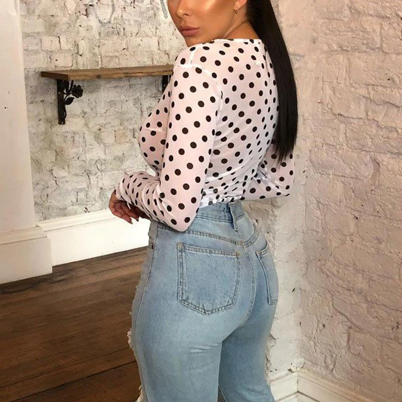 2019 Новая модная женская сексуальная сетчатая блузка в горошек с длинным рукавом