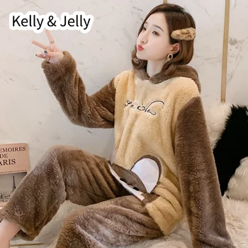 

New winter couple pajamas thickened Korean casual Pullover Plush Bear haunting home clothes two piece suit