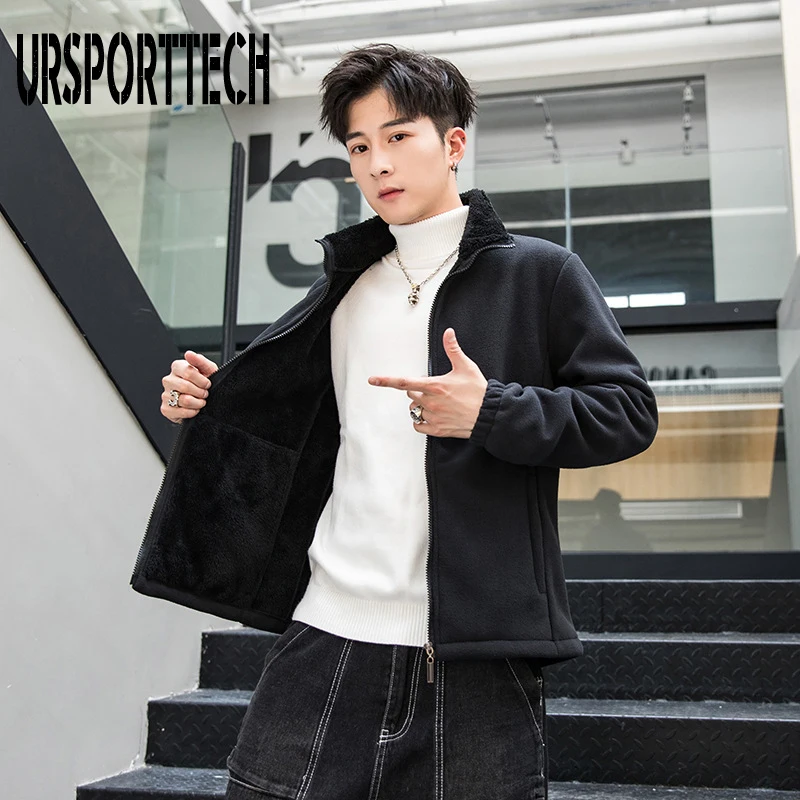 

Soft Fleece Sweatershirt Men Autumn Winter Zipper Loose Double-Sided Plush Stand Collar Slim Fit Tops Outwear Male Jackets Coats