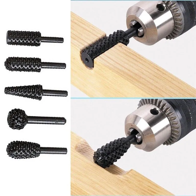 5 Pcs 1/4" Drill Shank Rotary Craft Files High Quality Rotary Rasp File Rasp Burrs Wood Bits Grinding Woodworking Hand Tool