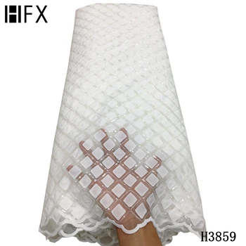 

HFX White lace fabric for Wedding Dresses high quality African Tulle lace fabrics 2020 New French lace fabric with Sequins F3859