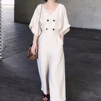 

Solid Color Women Jumpsuit 2020 Korean Summer Half Sleeve Buttons Ankle Length Causal Jumpsuits Long Rompers Preppy Style S-XL