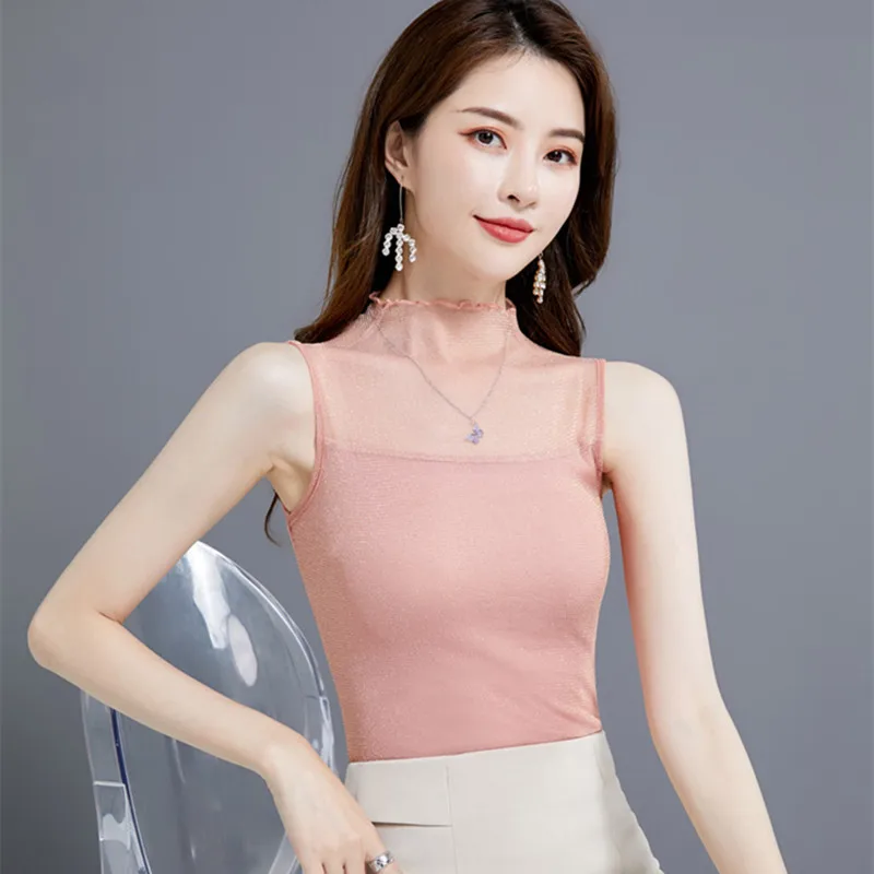 Korean Silk Women Blouses Woman Satin Mesh Blouse Tops Plus Size Woman Sleeveless Blouse Shirts Blusas Mujer De Moda Women Tops