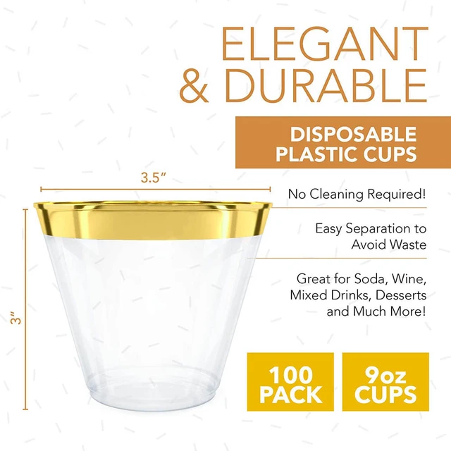 Plastic Cup 9 oz Hard Disposable Cup Plastic Wine Glass Party Wedding Wine Glass Transparent Plastic Cup -Gold Rim, Size: Large