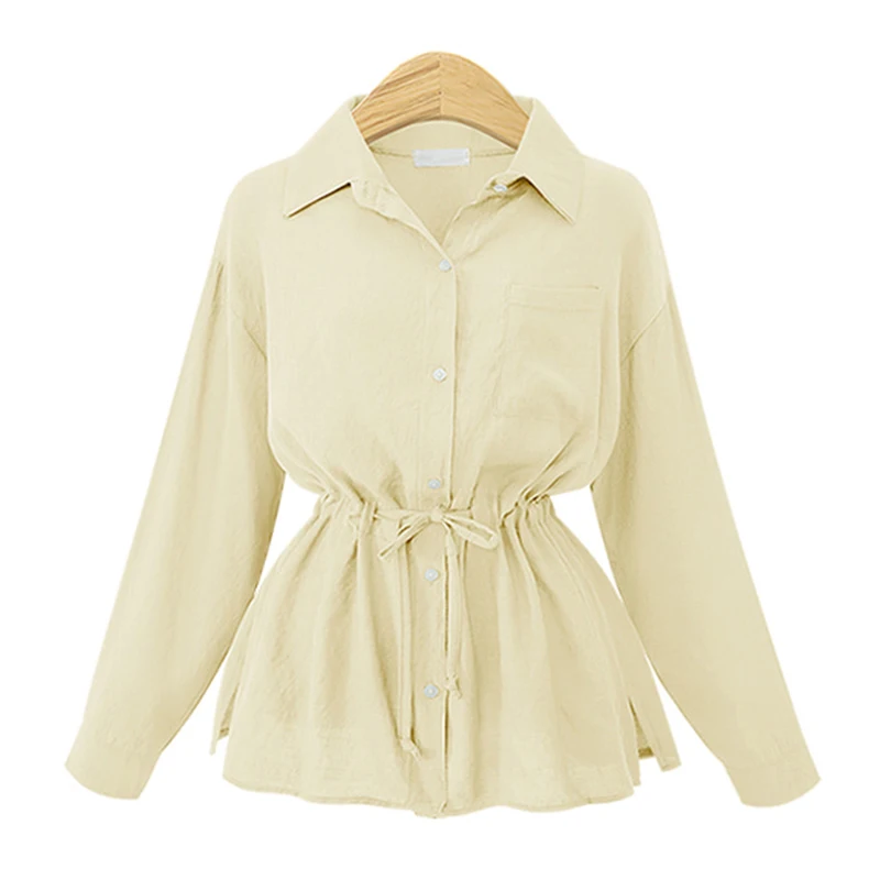 Beige Trytree/Осенняя Женская Повседневная однотонная блуза с отложным воротником, однобортный пояс с карманами, свободная, 3 цвета, модная офисная женская блузка - Цвет: Beige