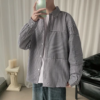 

Men's Long Sleeve Shirt 2020 Spring New Splicing Loose Long Sleeve Striped Shirt Youth Personality Fashion Trend Men's Wear