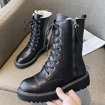 

Women Combat Boots Autumn Platform Gothic Shoes Lace up Plush Short Boots 2020 Winter Women Fashion Warm Fur Black Ankle Boots