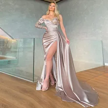

Xijun Saudi Arabia High Side Split Satin Mermaid Prom Dresses Sequined V-Neck Long Sleeve Evening Gown Formal Party Dress