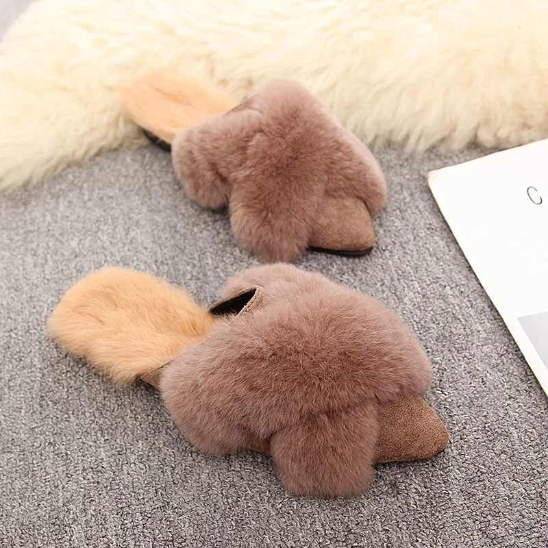 

2019 Winter Warm Plus Velvet Women's Slippers Half Drag Single Outside Slipper Shoes Woman Pointed Warm Fur Female Slides